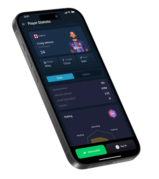 ScoutMate app showing a player's statistics: appearances, minutes played, goals and rating